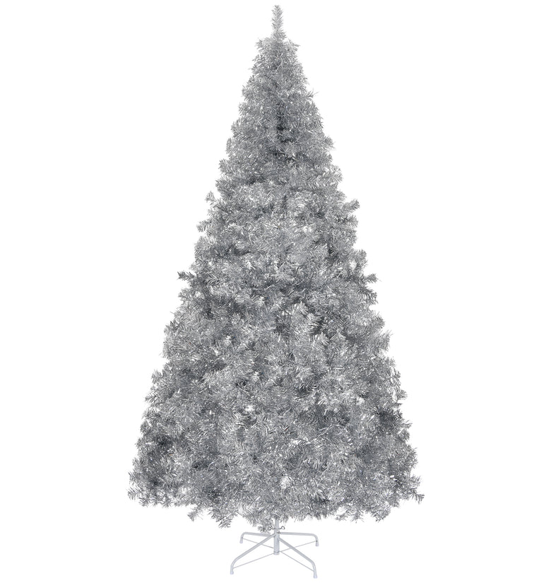 8 FT Artificial Christmas Tree, Unlit Hinged Christmas Pine Tree with 1350 Branch Tips and Sturdy Metal Stand, Silver