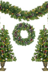 Pre-lit Xmas Tree Artificial Christmas 4-Piece Set,Garland, Wreath and Set of 2 Entrance Trees X-mas with LED Lights, Christmas Tree