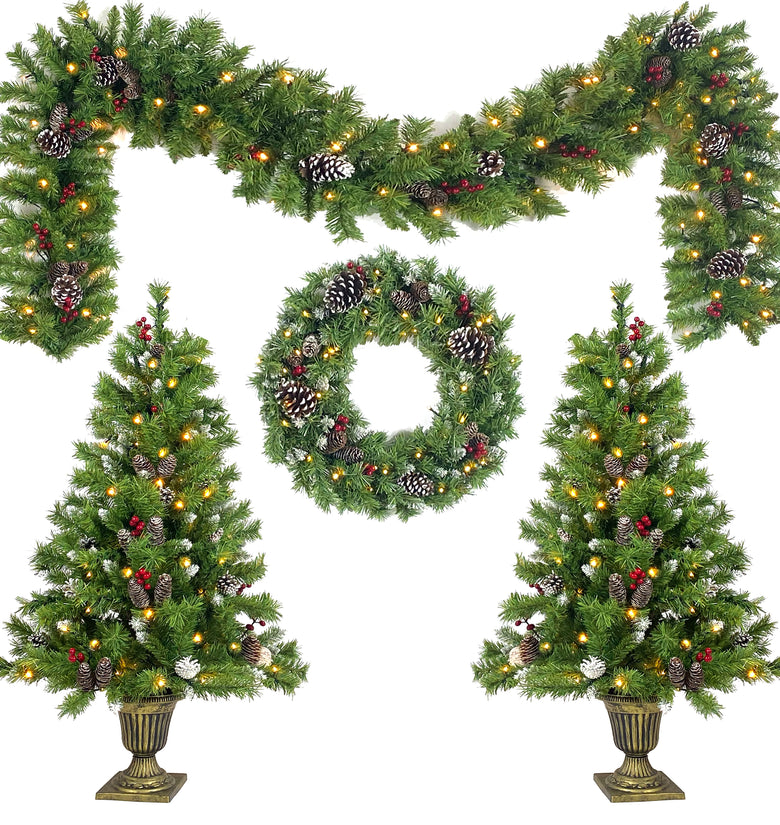 Pre-lit Xmas Tree Artificial Christmas 4-Piece Set,Garland, Wreath and Set of 2 Entrance Trees X-mas with LED Lights, Christmas Tree