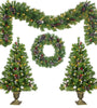 Pre-lit Xmas Tree Artificial Christmas 4-Piece Set,Garland, Wreath and Set of 2 Entrance Trees X-mas with LED Lights, Christmas Tree