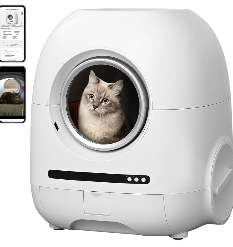 Self-cleaning cat litter box, 68L+9L, suitable for a variety of cat litter, APP control, real-time video, photo and video, safe and reliable, ionic deodorization, with exhaust hose, support WiFi