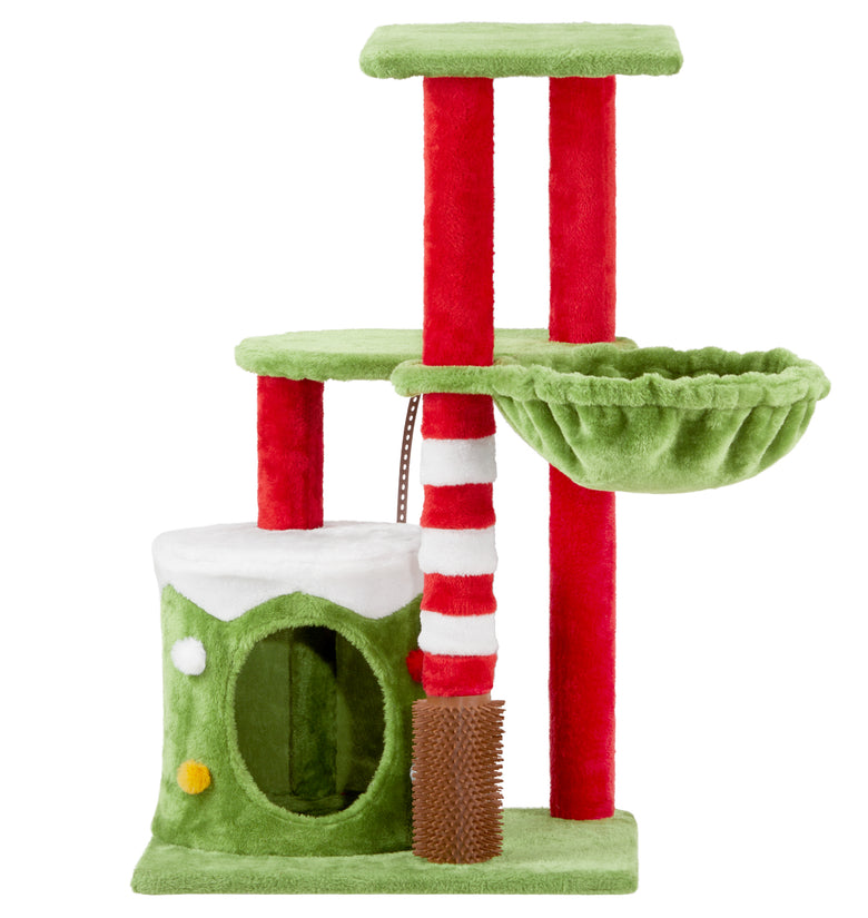 32in Cat Scratching Posts Tower with Cat Condo and Hammock, Christmas Themed Plush Cat Tree with Cat Massage Brush, Activity Center for Indoor Cats