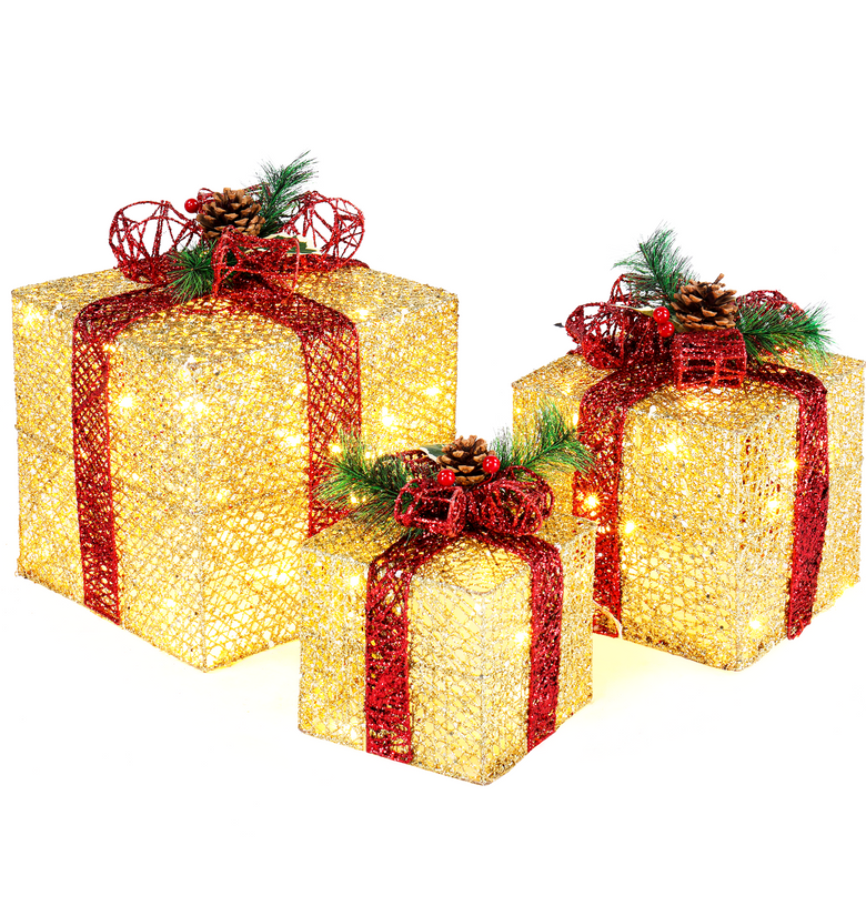 3pcs 10 inch-8 inch-6 inch Golden Gift Box Garden Gift Box Decoration 5M Long Power Cord US Plug